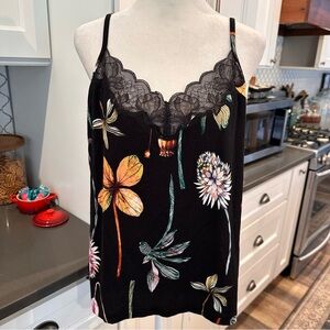 Soma Cool Nights Lace Trim Cami L Black Floral V-Neck Adjustable Romantic Fairy